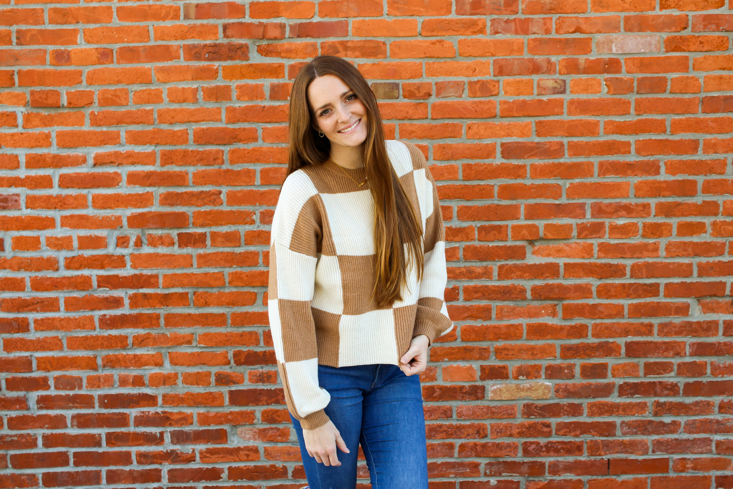 Tan/White Checkered Sweater