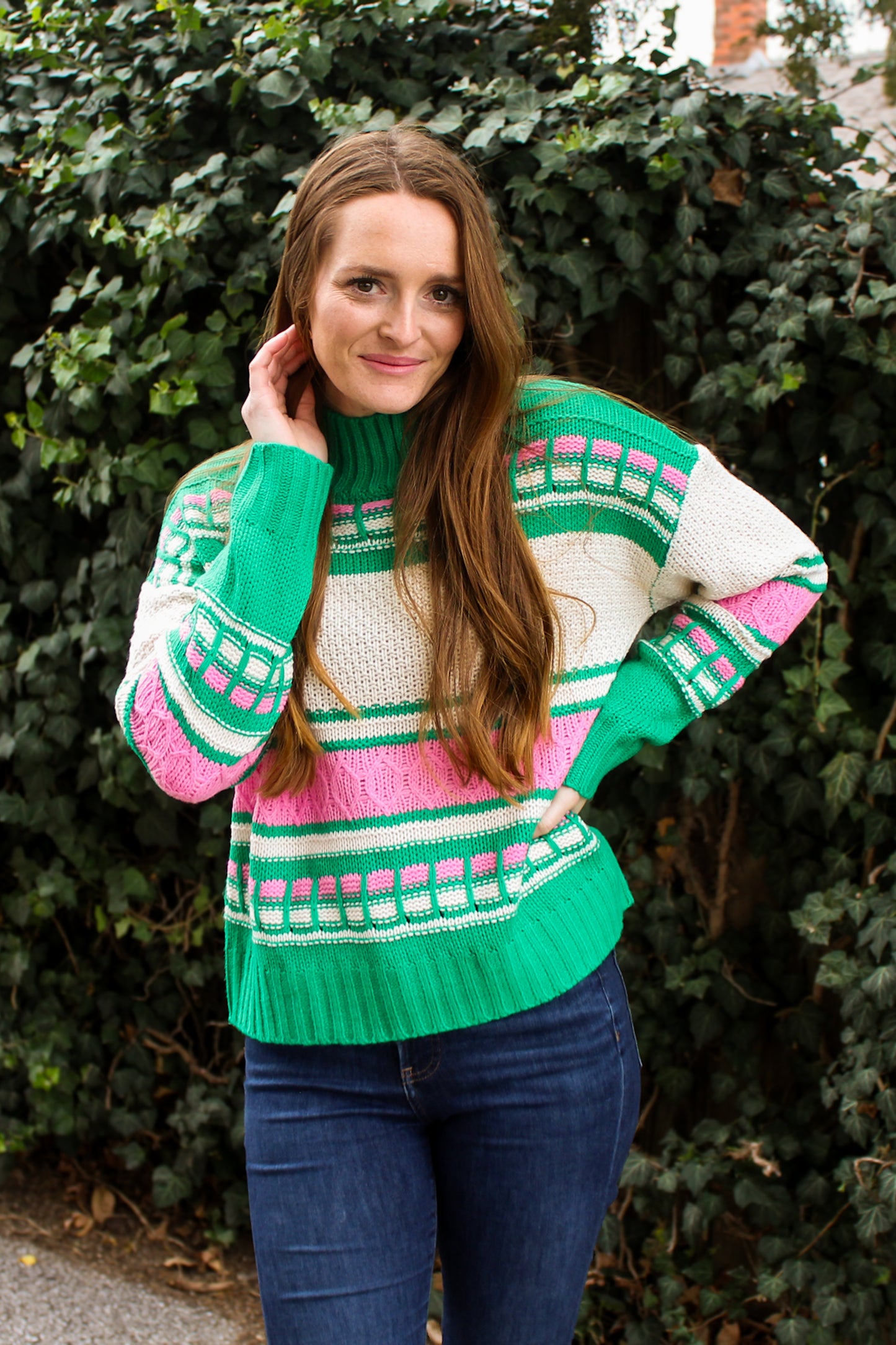 Green & Pink Cable Knit Sweater