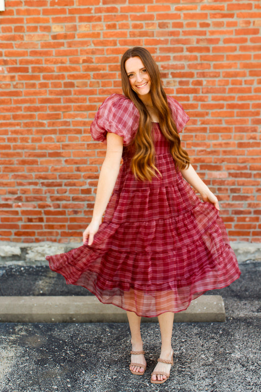 Burgundy Plaid Bubble Sleeve Dress - Simply L Boutique