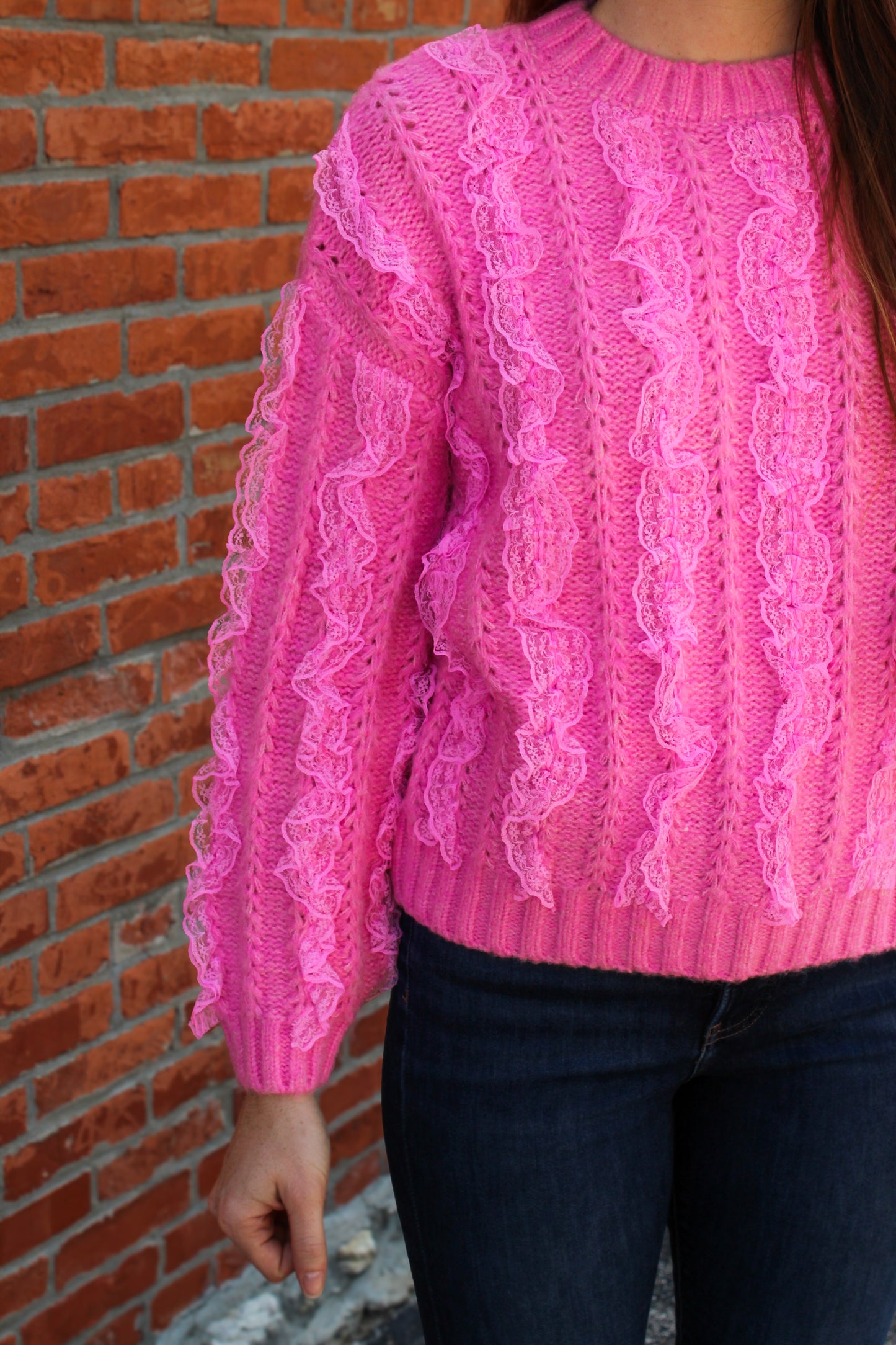 Barbie Pink Lace Ruffle Sweater - Simply L Boutique