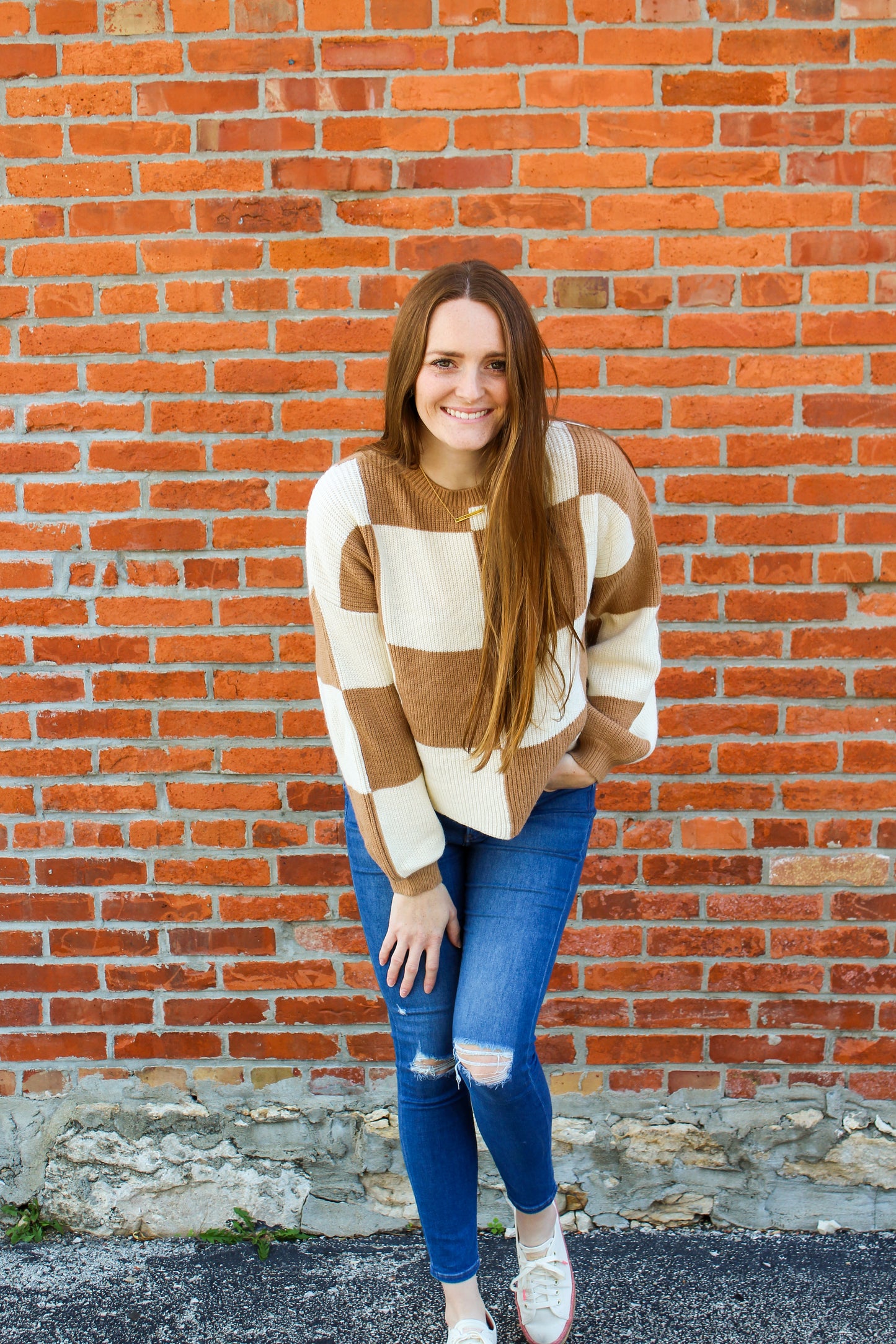 Tan/White Checkered Sweater