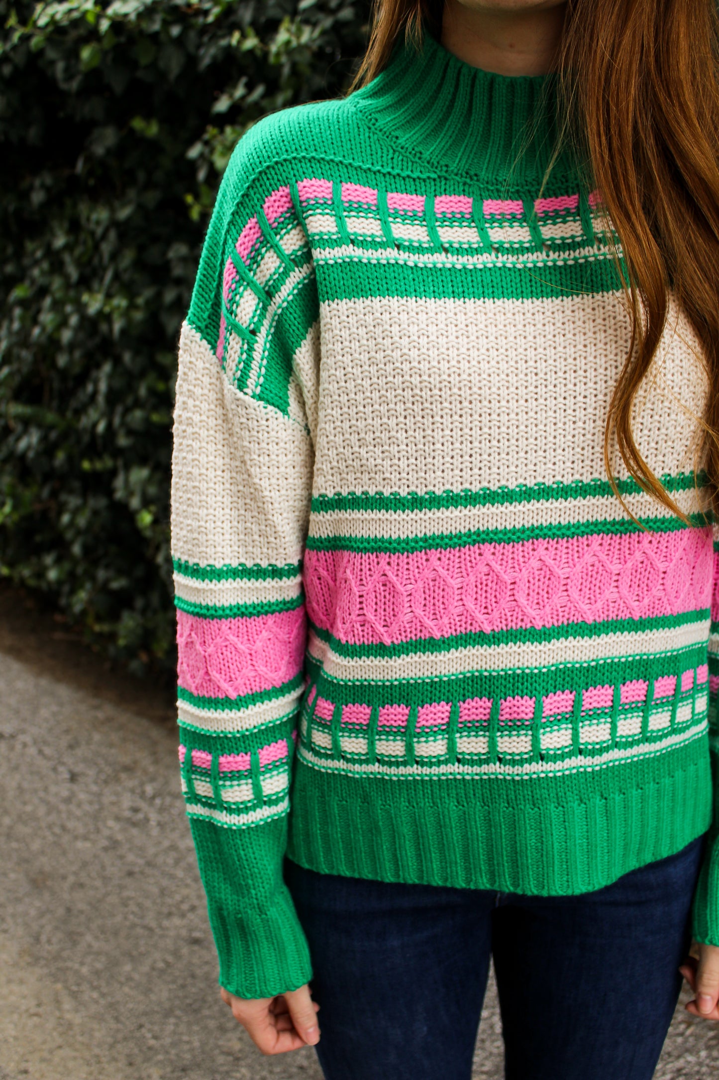 Green & Pink Cable Knit Sweater