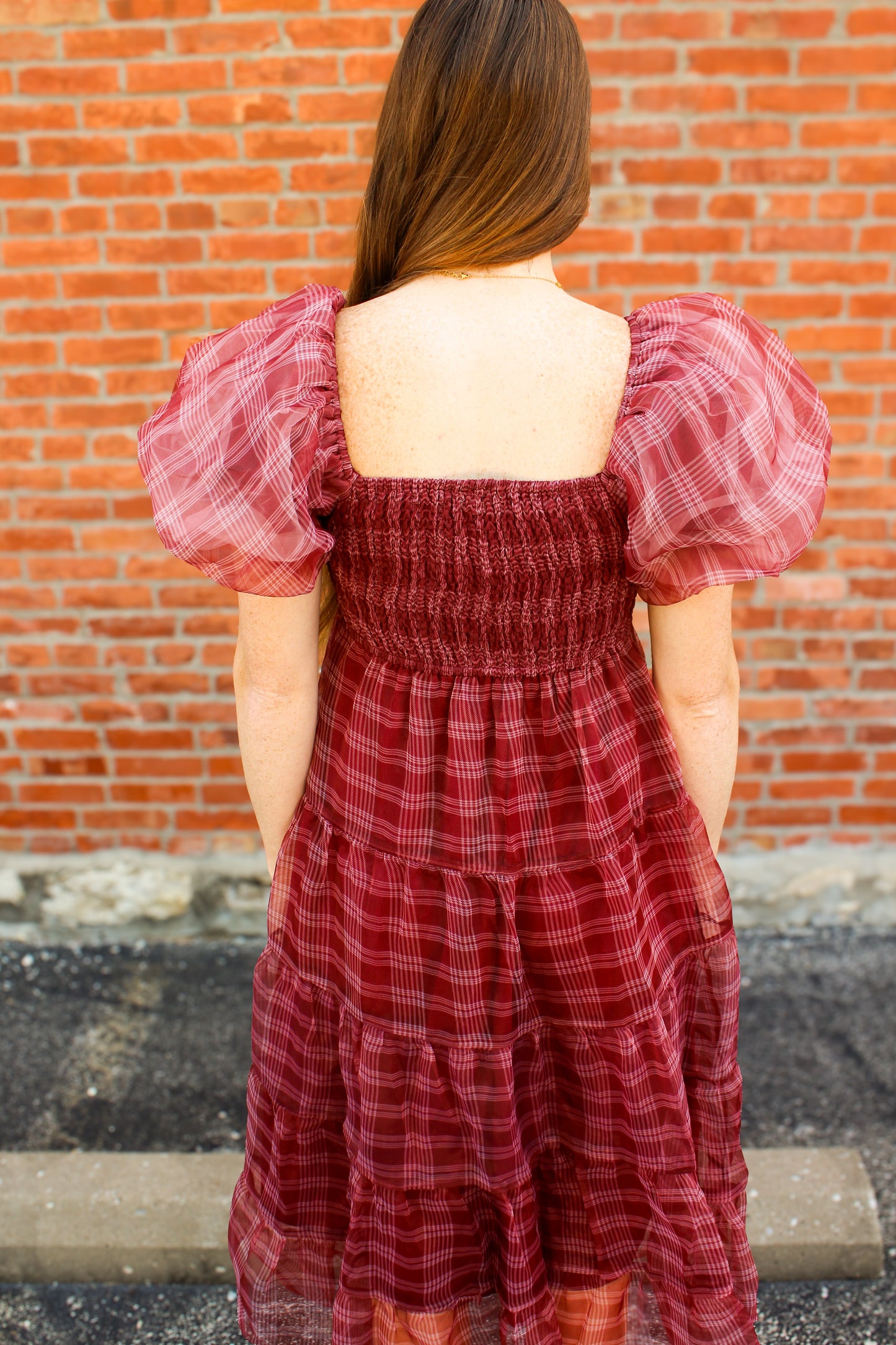 Burgundy Plaid Bubble Sleeve Dress - Simply L Boutique