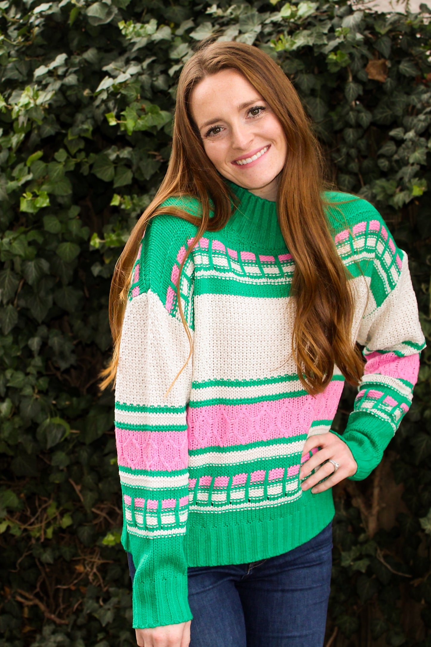 Green & Pink Cable Knit Sweater