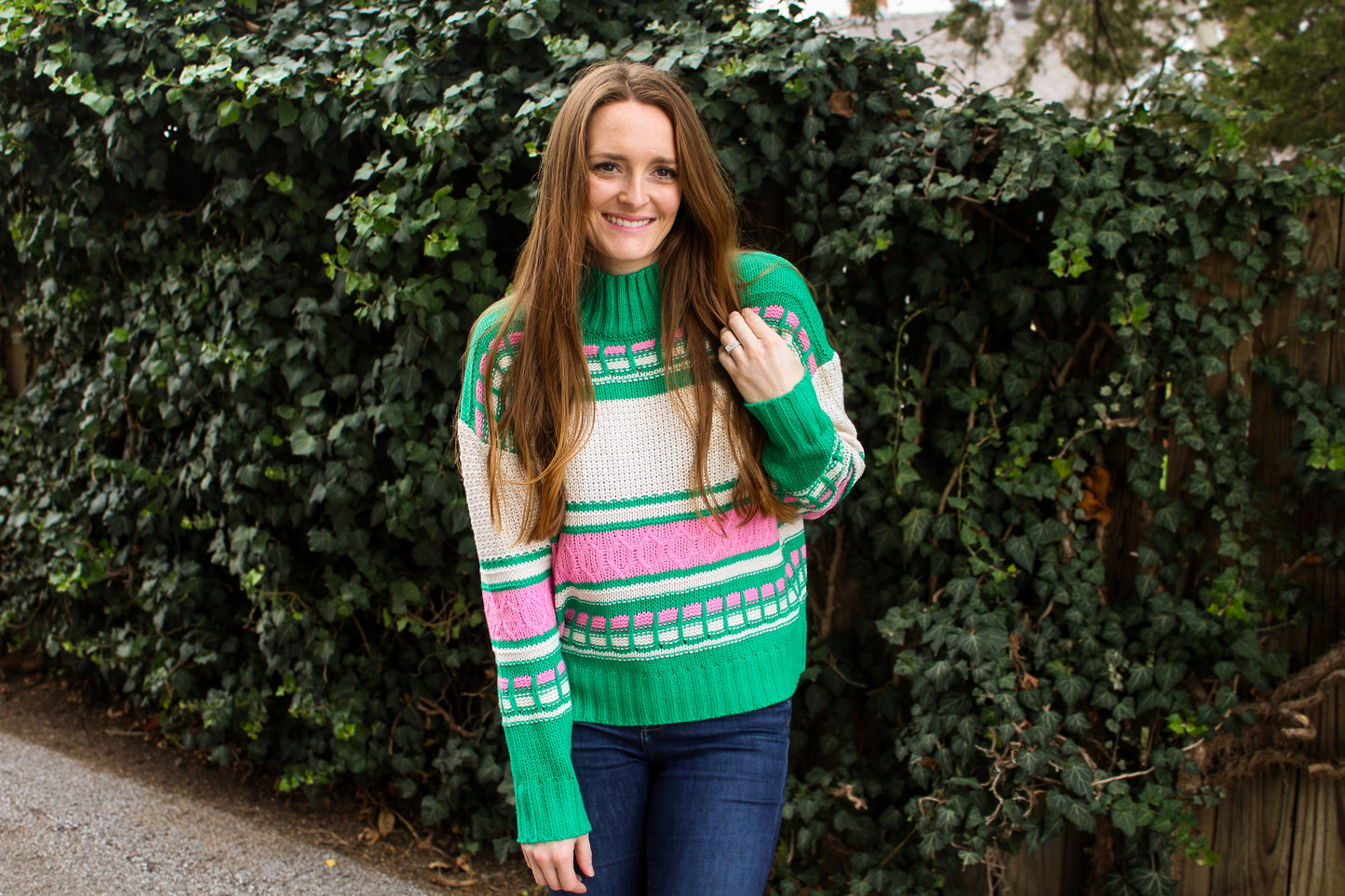 Green & Pink Cable Knit Sweater