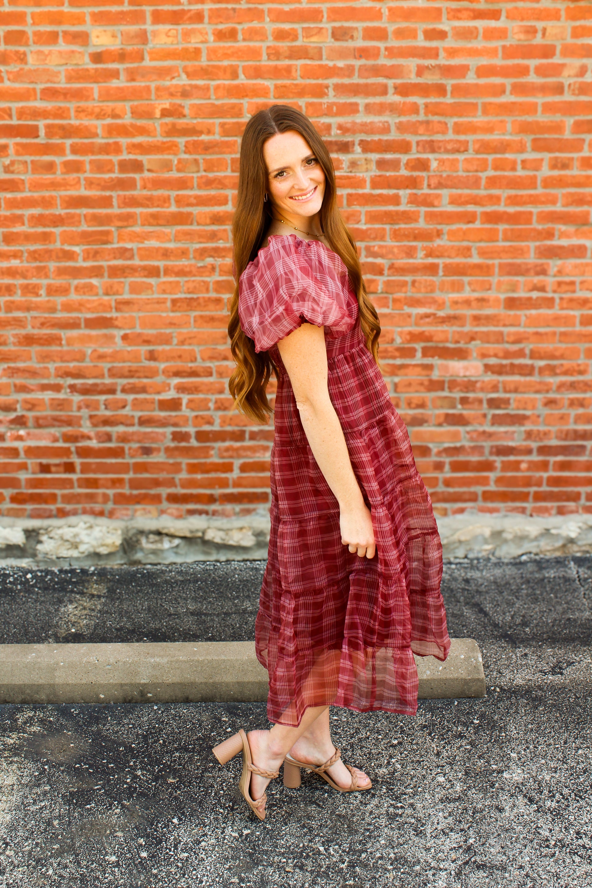 Burgundy Plaid Bubble Sleeve Dress - Simply L Boutique
