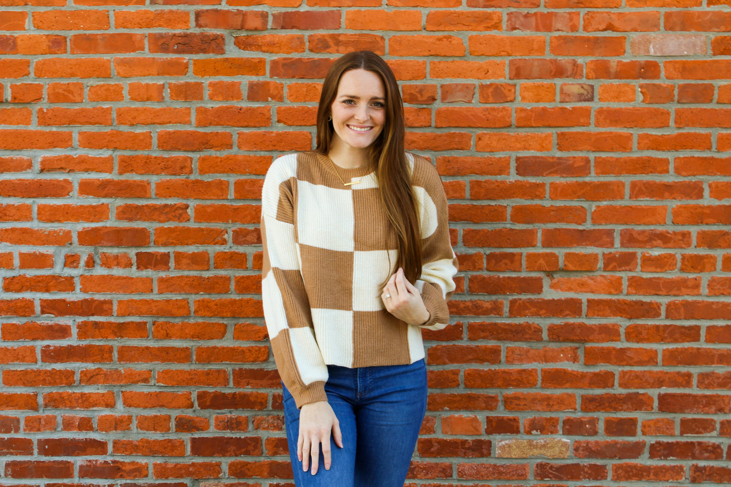 Tan/White Checkered Sweater